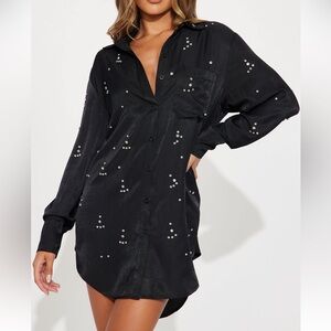 Rhinestones Embellished Black Button-Up Dress